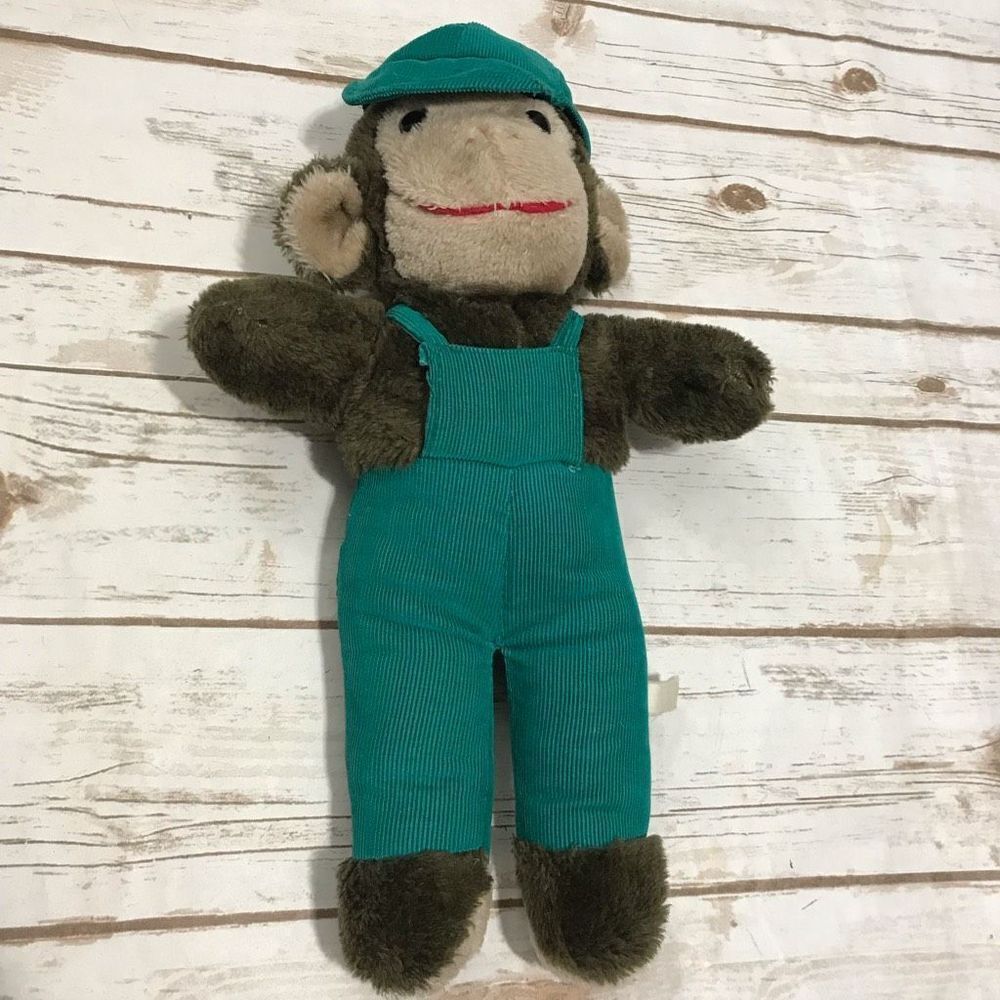Vintage Interpur Monkey Plush Stuffed Animal 15" corduroy overalls cap 1980s‎